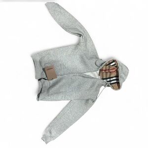 Burberry Light Gray Zip-Up Hoodie with Signature Check Hood Lining